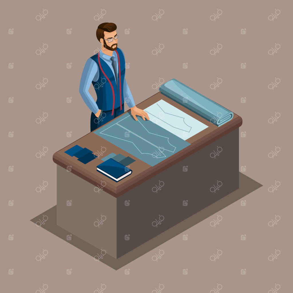 خیاط ایزومتریک، کار در کارگاه خیاطی، انتخاب پارچه، طراحی و دوخت. کارآفرینی که برای خودش کار می‌کند و کسب و کار خود را دارد.