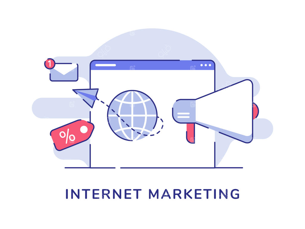 مفهوم بازاریابی اینترنتی: هواپیمای کاغذی در حال پرواز از کره زمین و بلندگو روی صفحه نمایش کامپیوتر با طراحی ساده