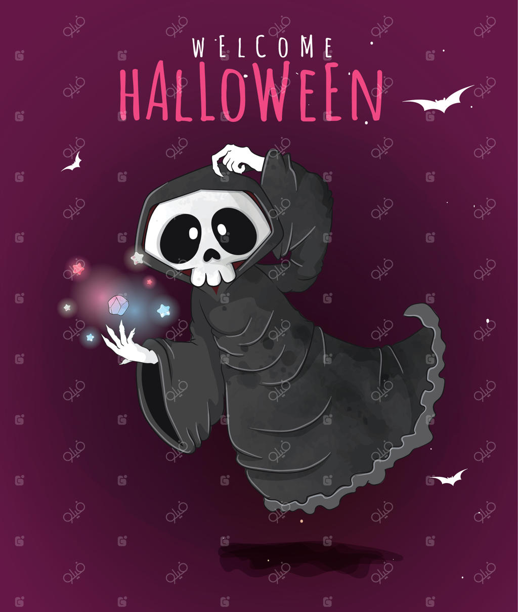 تصویرسازی مهربانانه مرگ کوچک برای هالووین - شخصیت دست‌نقش کودکانه و بامزه هالووین