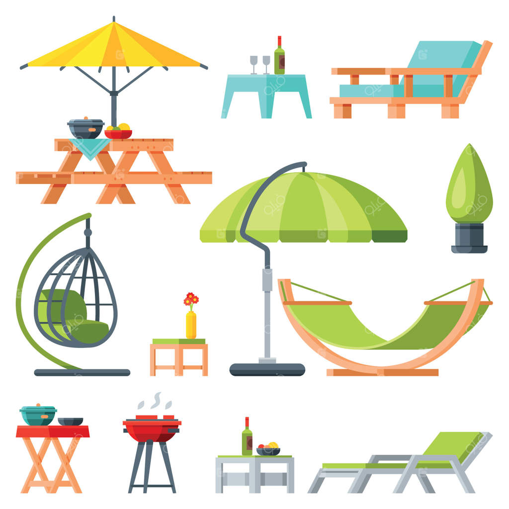 مجموعه مبلمان مدرن باغ: میز، چتر آفتاب‌گیر، ننو، صندلی راحتی، کباب‌پز - تصویر ساده