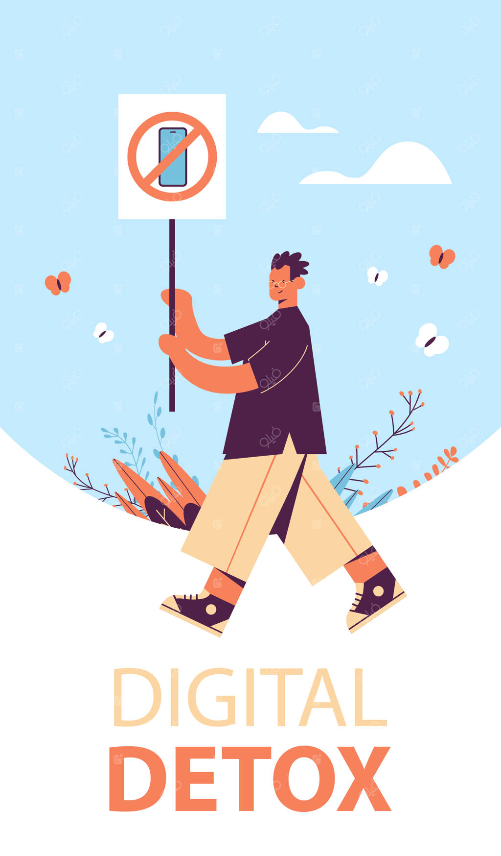 مردی با بنری که استفاده از گوشی هوشمند را ممنوع می‌کند - مفهوم سم‌زدایی دیجیتال