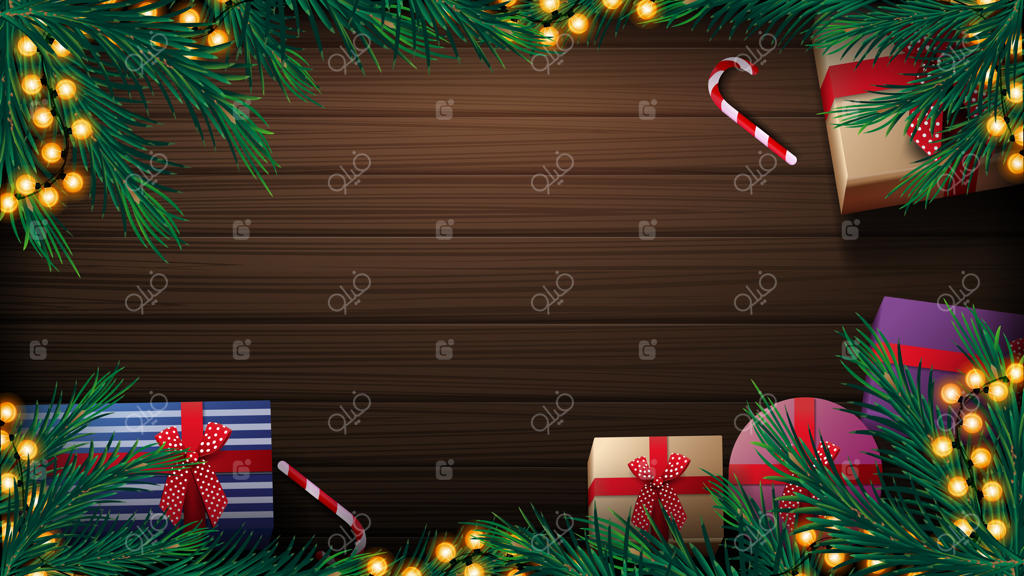 پس‌زمینه کریسمس با میز چوبی و هدایا