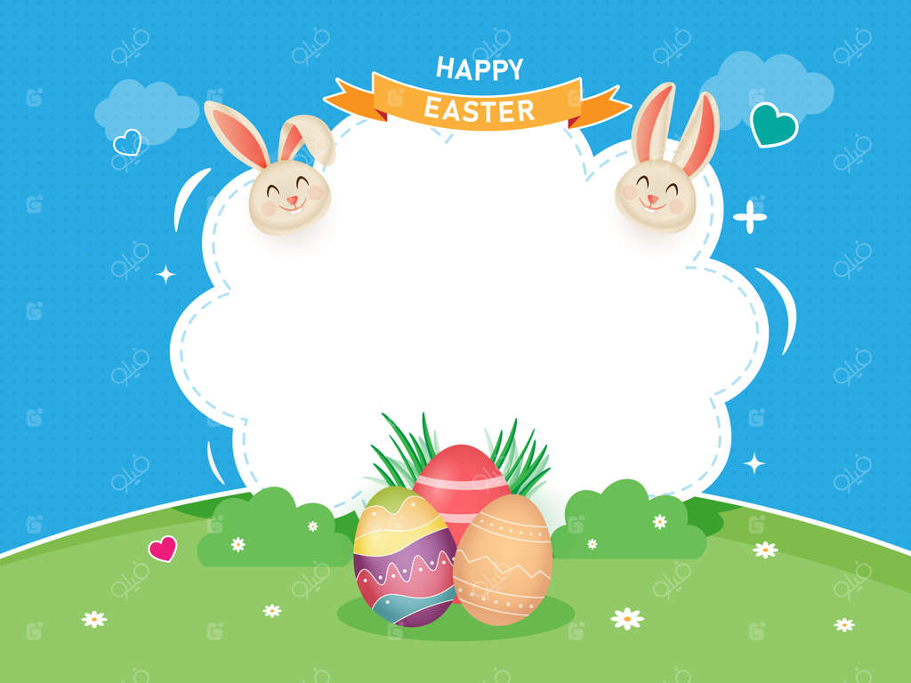 تصویری از طراحی جشن شاد عید پاک با خرگوش‌ها و تخم‌مرغ‌ها در پس‌زمینه‌ای طبیعی