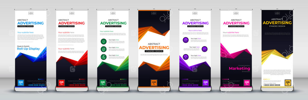 طرح عمودی بنر رول آپ تجاری برای بروشور، کاتالوگ و اینفوگرافیک. طراحی مدرن بنر ایکس و بنر پرچمی و تبلیغاتی