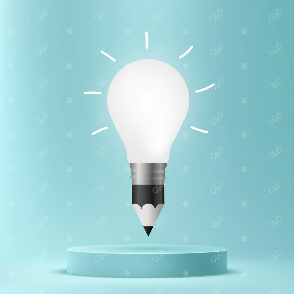 طرح مداد لامپ روشن بر روی سکو، زمینه‌ای برای ایده‌های خلاقانه