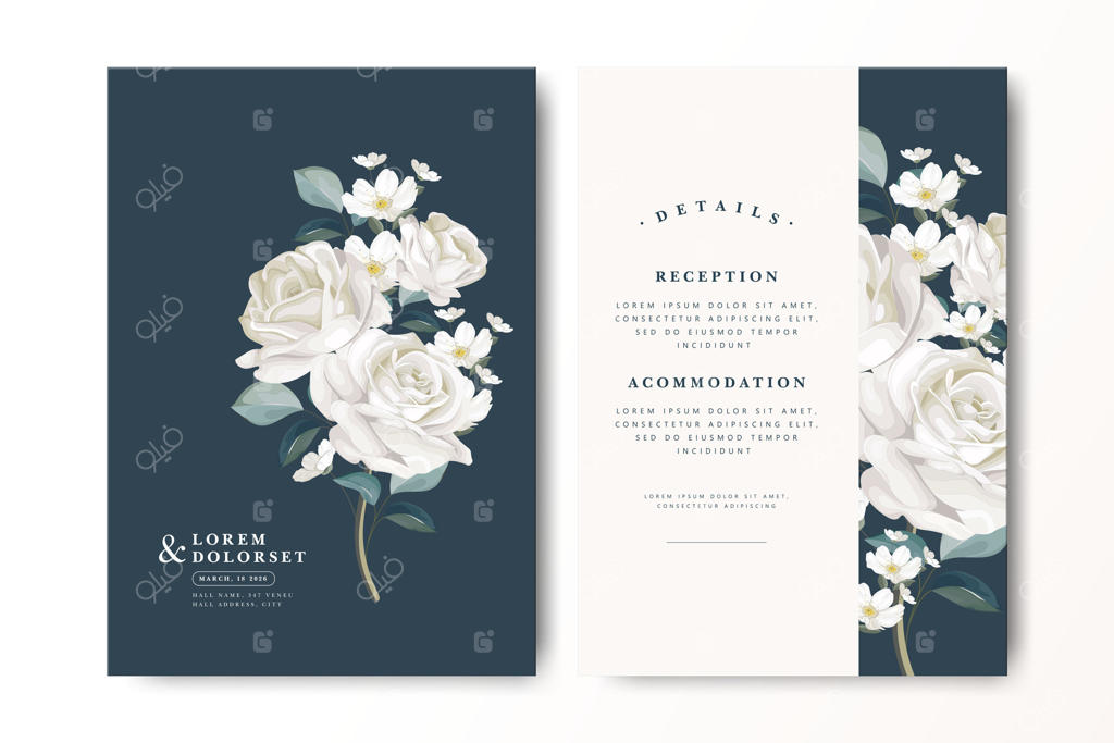 کارت دعوت عروسی با طرح گل‌های زیبا و جزئیات شیک به صورت وکتور حرفه‌ای