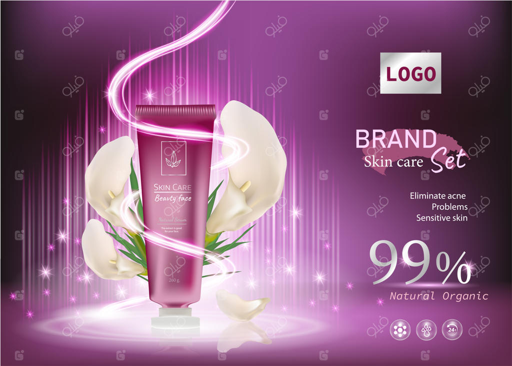 تبلیغات لوازم آرایشی مرطوب‌کننده و مراقبت از پوست در پس‌زمینه صورتی با جلوه نوری لاکچری و گل‌ها