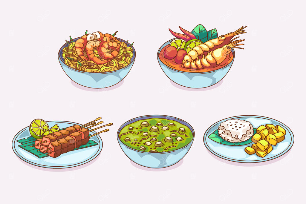 تصویرسازی غذایی تایلندی با دست کشیده شده