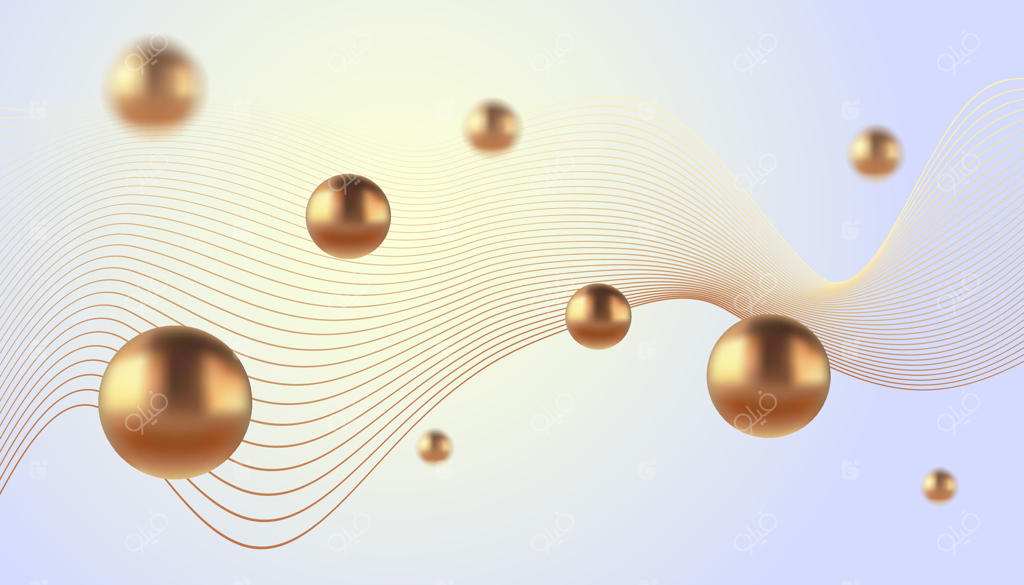 پس‌زمینه انتزاعی با توپ‌های طلایی فلزی. پس‌زمینه مدرن در سبک واقع‌گرایانه با طلا.
