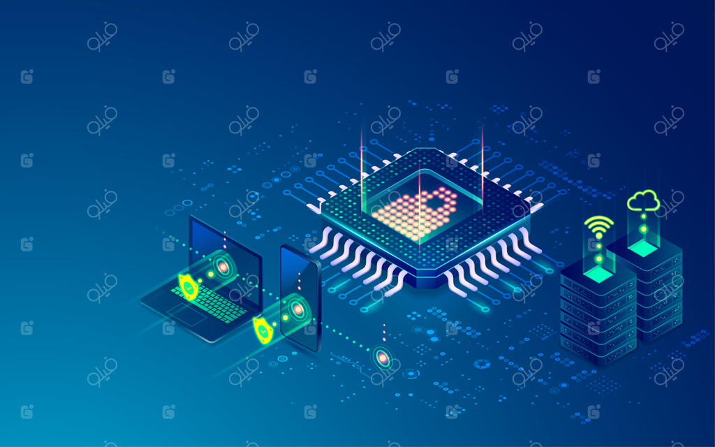 مفهوم امنیت سایبری یا مرکز داده: گرافیک میکروچیپ با سیستم فناوری پیشرفته آینده‌نگر