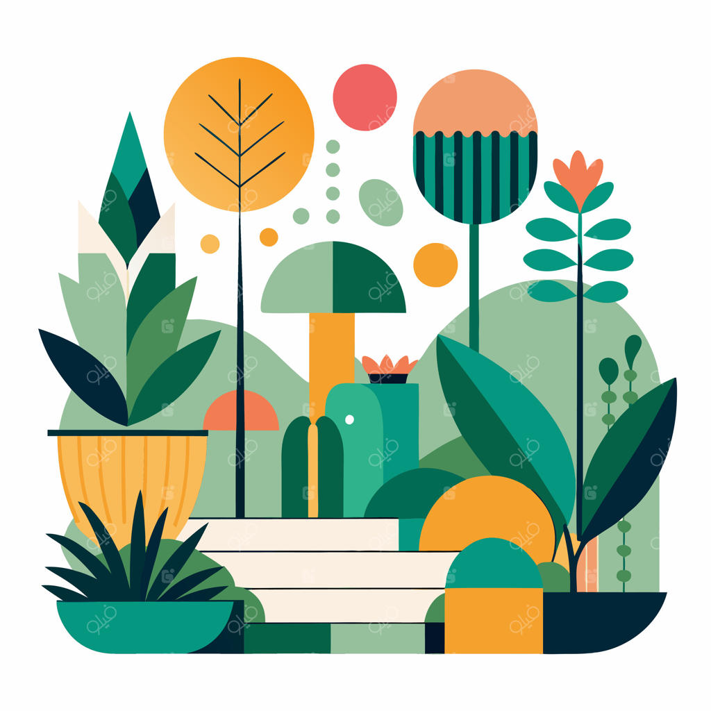 کارتون رنگارنگی از باغی با گلدان‌ها و درختان