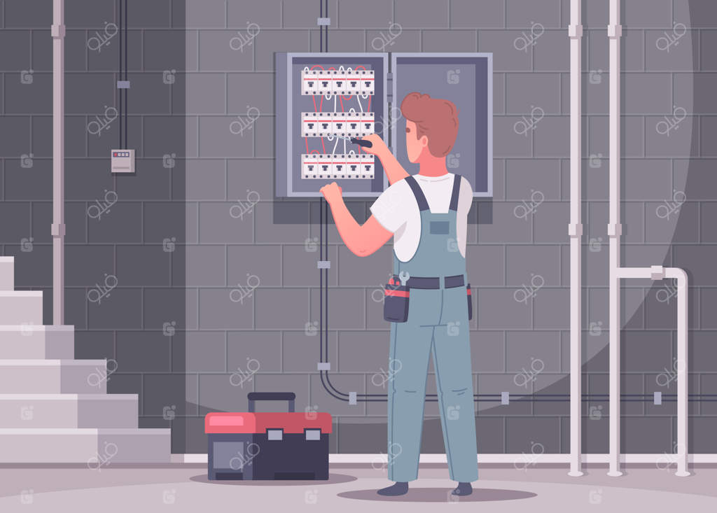 ترکیب کارتونی برقکار با نمای داخلی راه‌پله و مردی با لباس فرم
