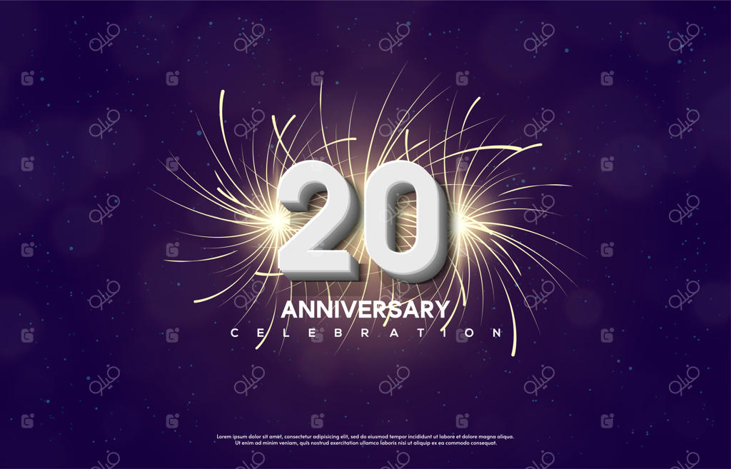 جشن بیستمین سالگرد با اعداد سفید در پس‌زمینه‌ای از نورهای آتش‌بازی.