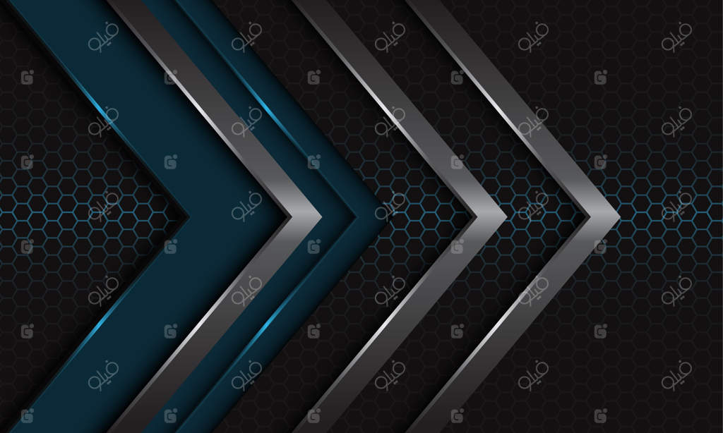 فلز مدرن لوکس: جهت فلش آبی خاکستری متالیک بر روی زمینه مشبک شش‌ضلعی تیره