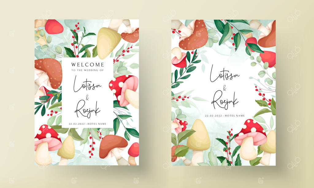 الگوی کارت دعوت با طراحی دستی قارچ و برگ‌های زیبا