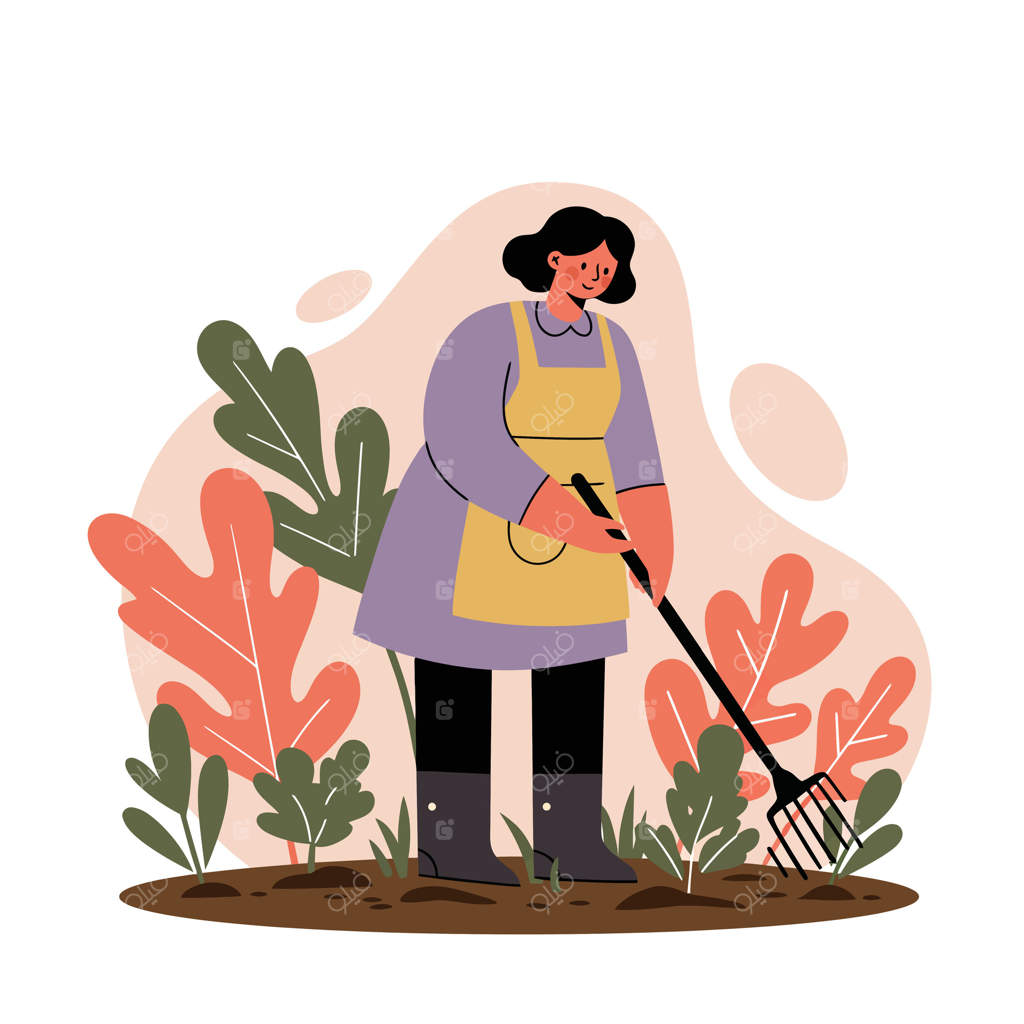 زنی که در پاییز با چنگک در باغ مشغول باغبانی است، در میان برگ‌های نارنجی و سبز