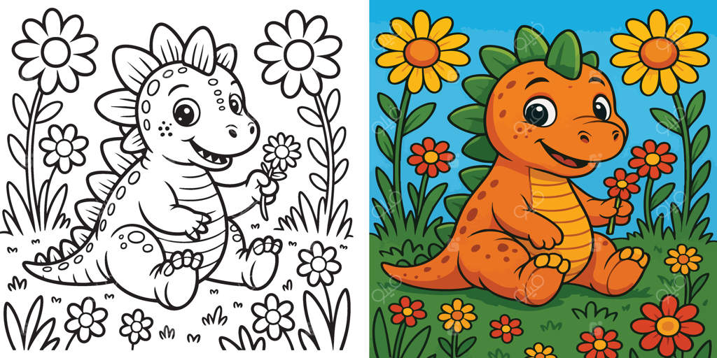 ست نقاشی دایناسور بامزه: دایناسور دوست‌داشتنی در باغ گل - نسخه‌های رنگی و خطی