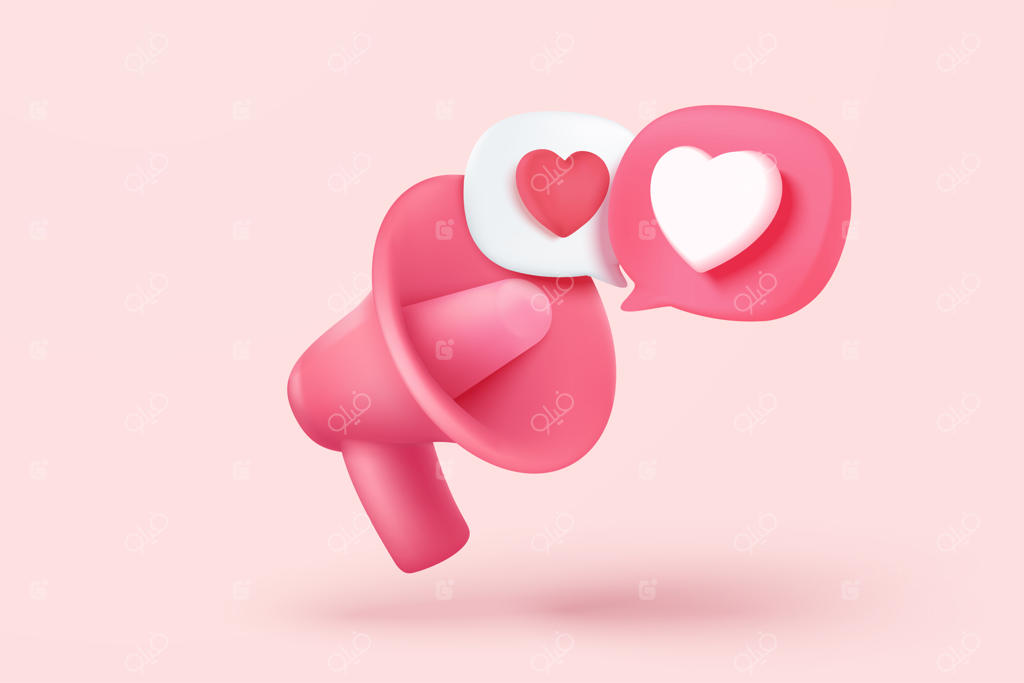 بلندگوی سه‌بعدی برای اعلام ترکیب رمانتیک ولنتاین؛ اشیاء تزئینی و عاشقانه روز ولنتاین؛ آیکون احساس قلب و عشق؛ بلندگوی سه‌بعدی وکتور رندر شده برای نماد رمانس