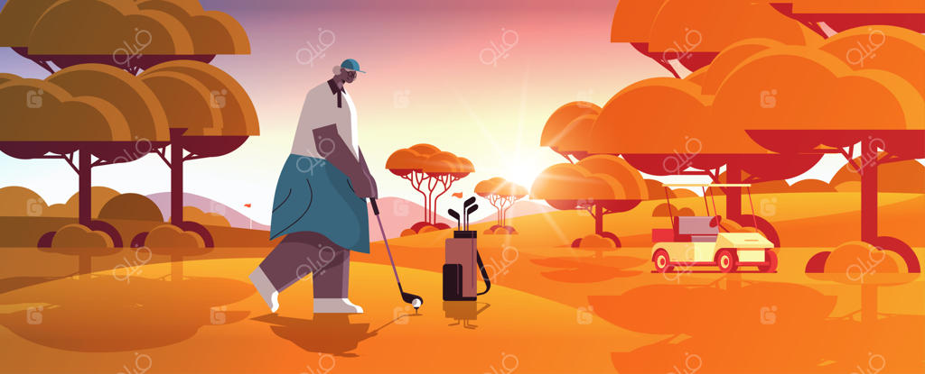 بانوی سالمند در حال بازی گلف در زمین سبز: بازیکن کهنسال آفریقایی-آمریکایی در حال ضربه زدن - مفهوم پیری فعال