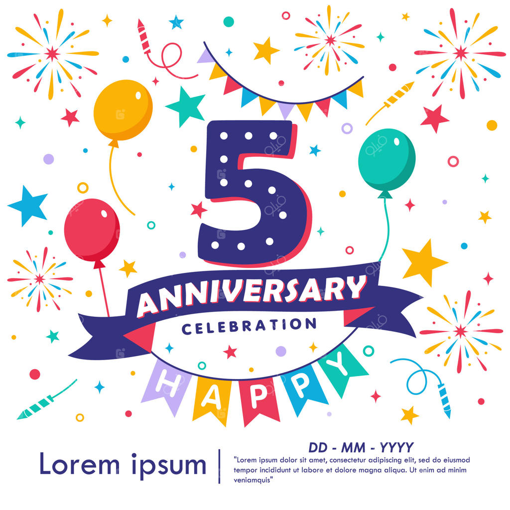 نماد جشن سالگرد پنج سالگی. لوگوی تبریک سالگرد با بادکنک‌ها، پرچم‌های رنگارنگ، روبان، آتش‌بازی و ستاره‌ها. طراحی قالب تصویرسازی