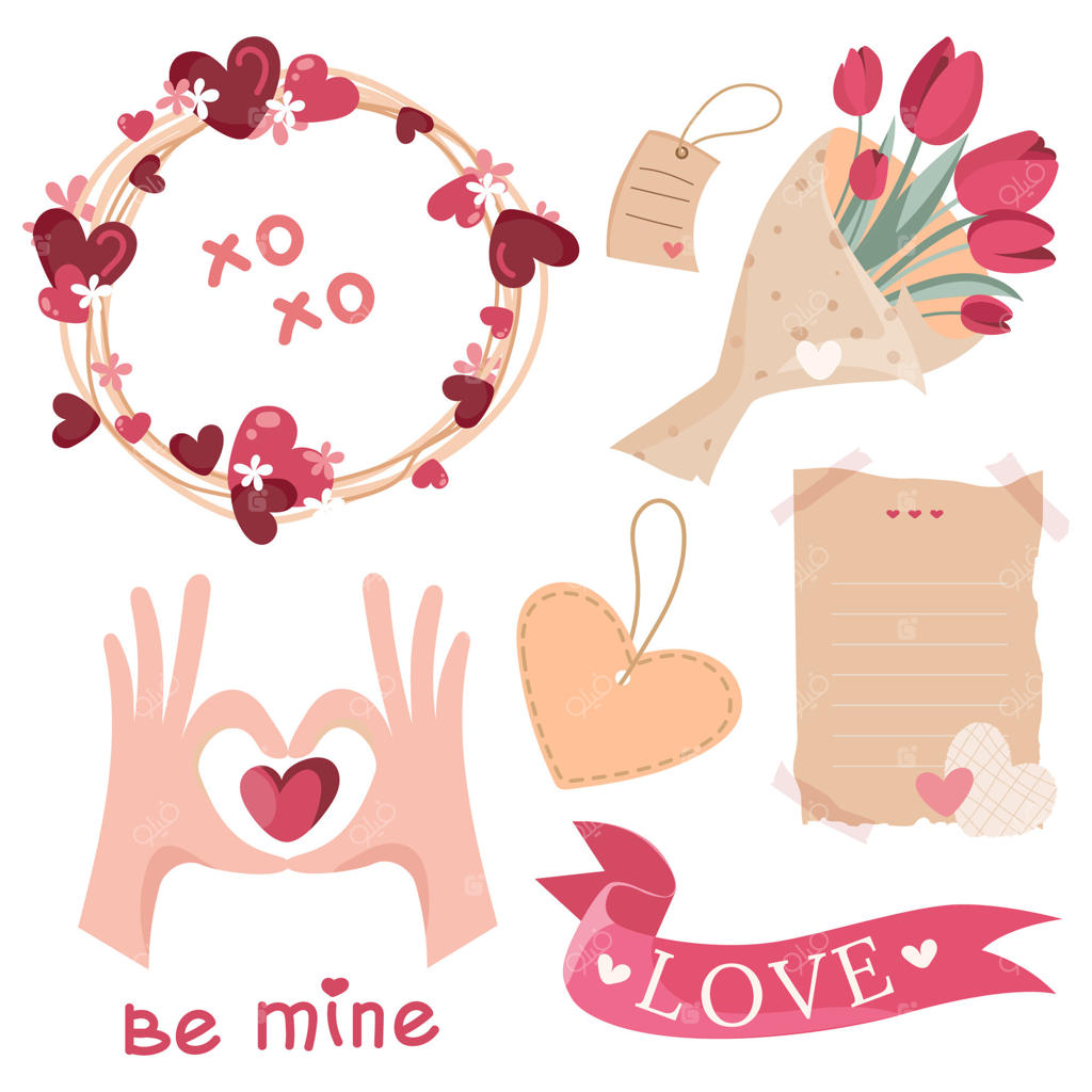 مجموعه‌ای از عناصر رمانتیک روز ولنتاین: قلب‌ها، گل‌ها، نامه عاشقانه، دست‌هایی که شکل قلب می‌سازند و بنرهای تزئینی. آیکون‌ها، استیکرها، چاپ و نمادهای دستی ولنتاین دلنشین.