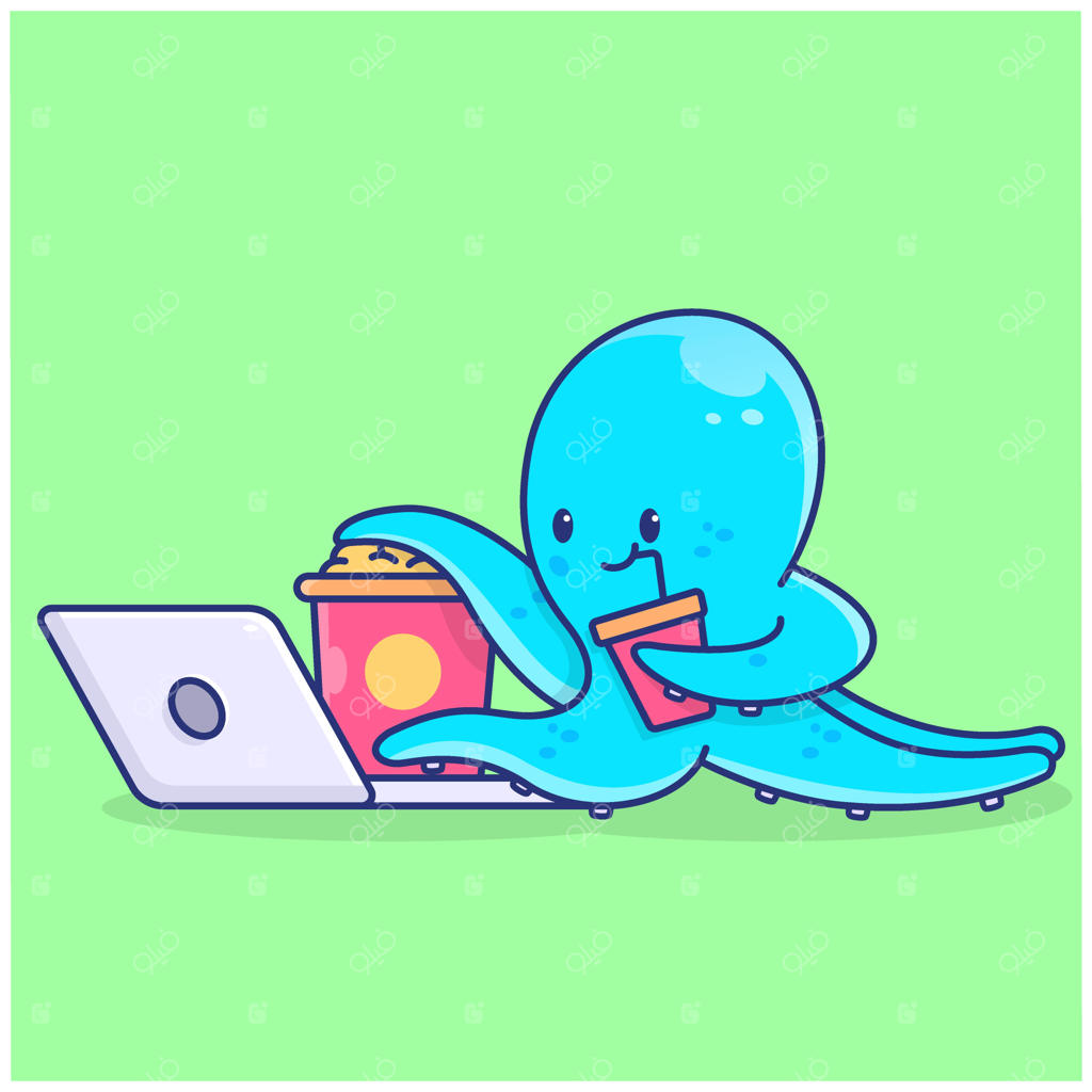 تصویر بامزه یک اختاپوس در حال تماشا و خوردن