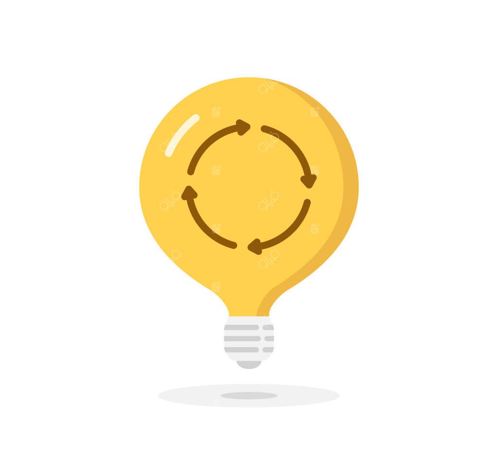 آیکون لامپ با فلش‌های دایره‌ای، مفهوم ایده یا نوآوری