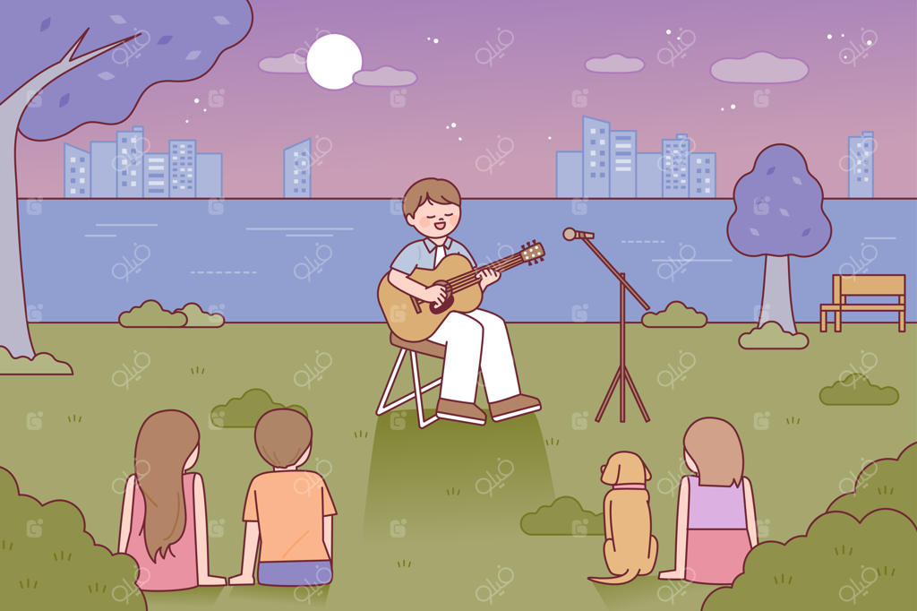 خواننده‌ای با گیتار آکوستیک در پارک اجرای خیابانی می‌کند.