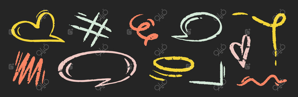 فلش دستی با رنگ گچ، خطوط ماژیک، زیرخط‌ها، خطوط قلم مومی، قلب، حباب گفتگو، بافت کهنه، طرح‌های مارپیچی و دندانه‌دار.