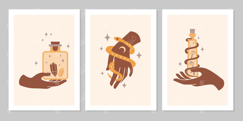 مجموعه‌ای اسرارآمیز و بوهوی از دستان زنانه و نماد‌ها: ماه، کریستال، مار، ستاره و شیشه. تصویرسازی جادویی و مسطح. نمادهای مینیمالیستی مد روز برای طراحی لوازم آرایشی، جواهرات، محصولات دست‌ساز و پس‌زمینه.