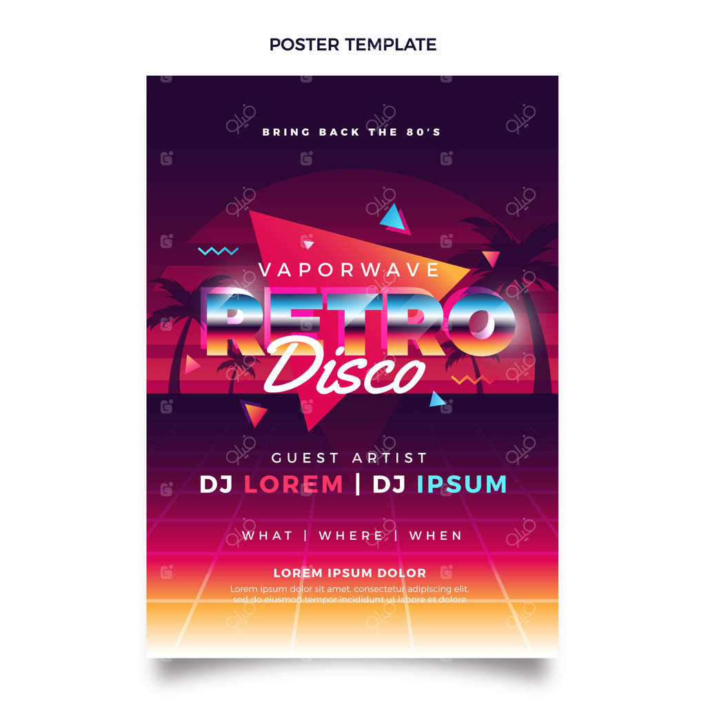 پوستر عمودی مهمانی دیسکو رترو و گرادیانت به سبک ویپرویو