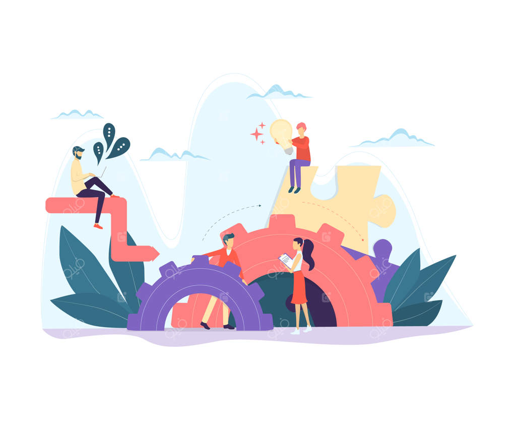 مفهوم کسب و کار: ایده استراتژی و موفقیت در کار گروهی. طوفان فکری و برنامه‌ریزی. تصویر ایزومتریک