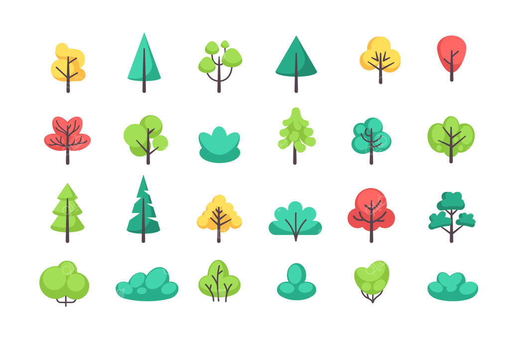 درخت‌ها و بوته‌ها: گیاهان ساده‌ی جنگل و پارک. درخت و بوته‌های سبز به سبک مسطح. اشکال هندسی باغ. عناصر طبیعی برای منظره‌سازی در پس‌زمینه‌ی سفید. مجموعه‌ای خاص