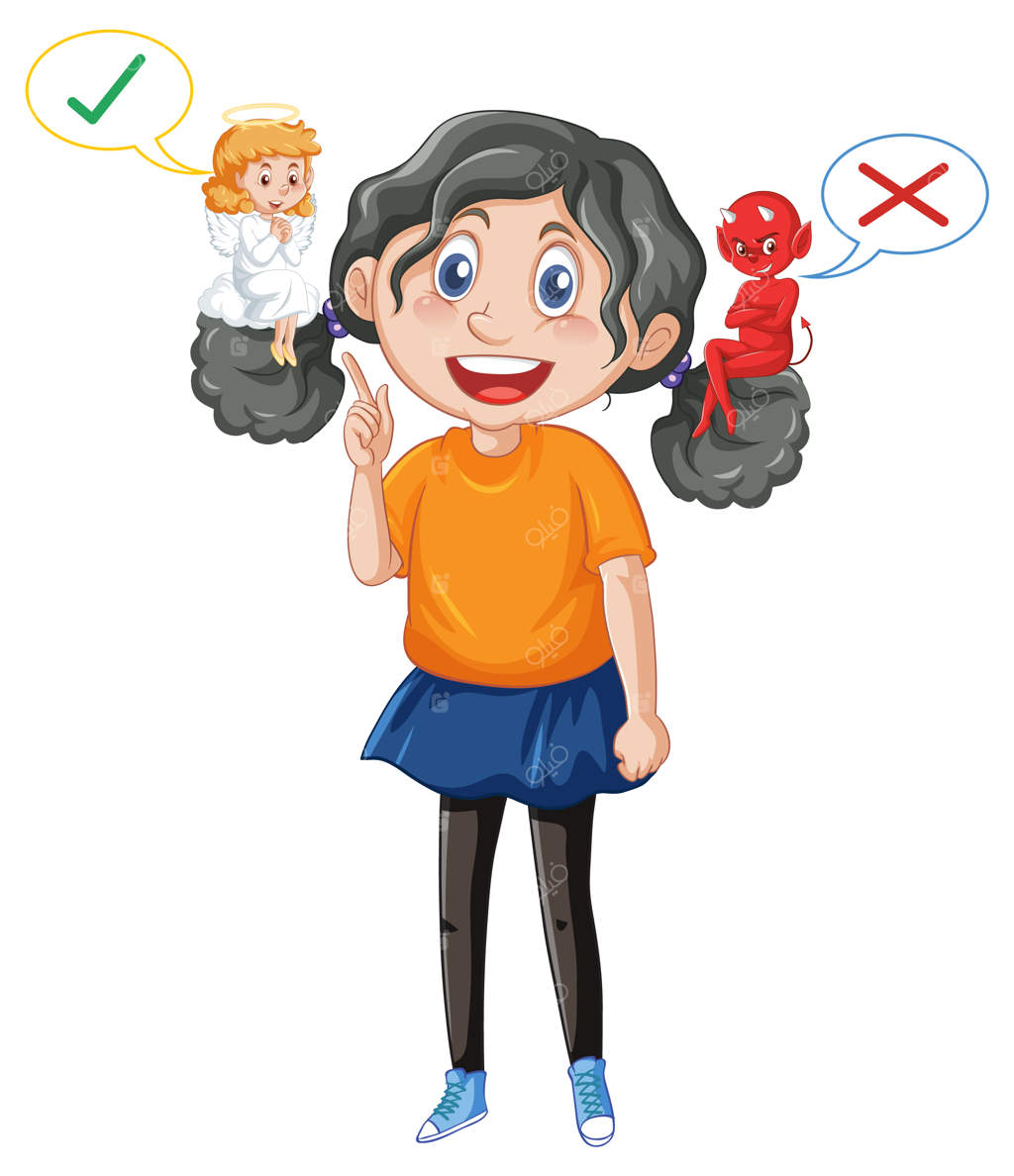 شخصیت کارتونی با شیطان و فرشته در حال نبرد در افکارش