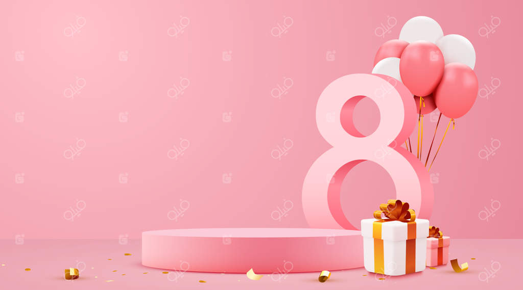 بنر روز جهانی زن برای نمایش محصول: پایه یا سکوی صورتی با عدد ۸ و بادکنک‌ها در پس‌زمینه صورتی