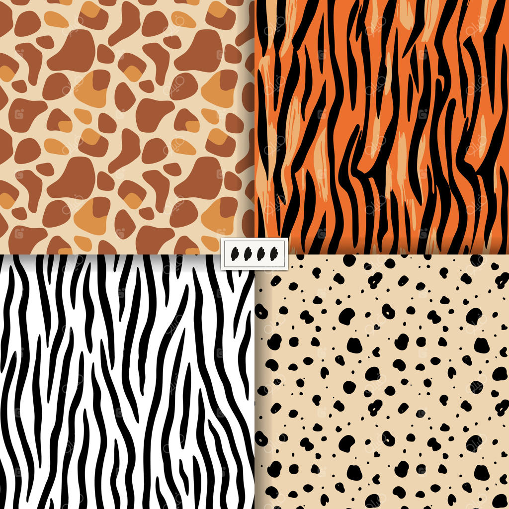الگوهای بدون درز پوست حیوانات وحشی: زرافه، ببر، یوزپلنگ، راه‌راه‌های گورخر. پس‌زمینه پوست حیوانات دست‌ساز و خاص