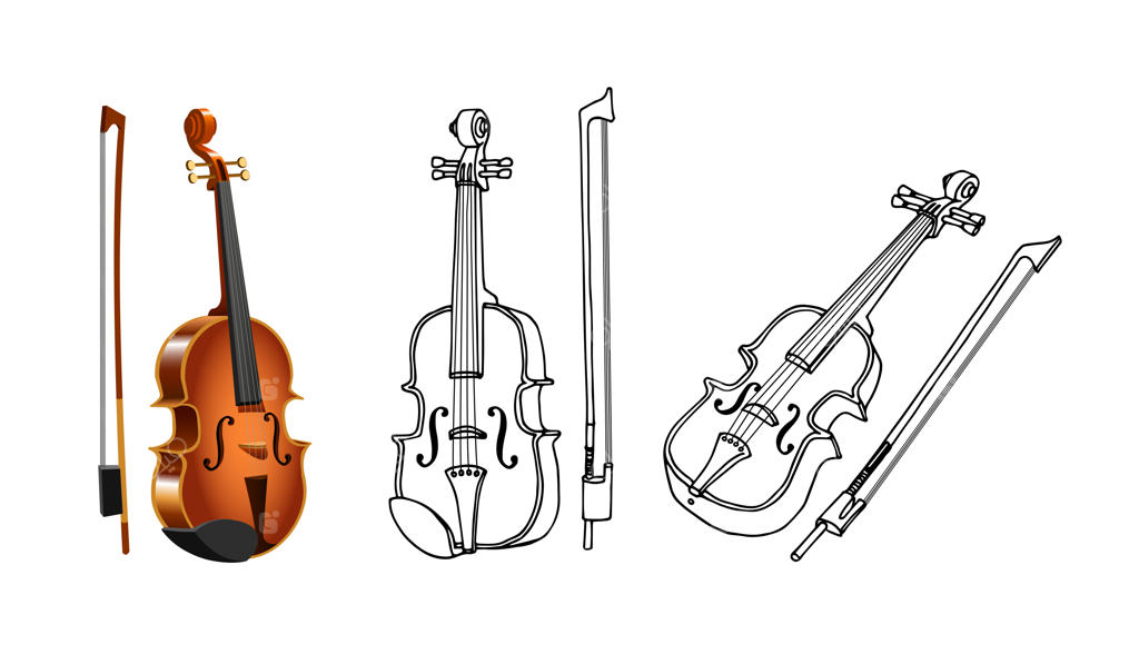 ویولن همراه با آرشه، یک ساز موسیقی آکوستیک چوبی. با مرکب سیاه.