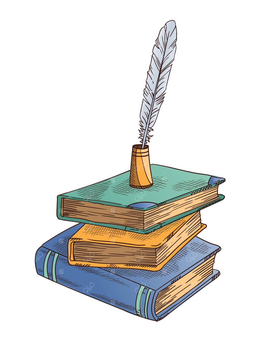 کتاب‌های قدیمی: مجموعه‌ای از کتاب‌های بسته شده به همراه قلم پر و جوهرنویس قدیمی. کاغذ پوستی. لوازم التحریر نوشتن قدیمی برای شعر یا آموزش.