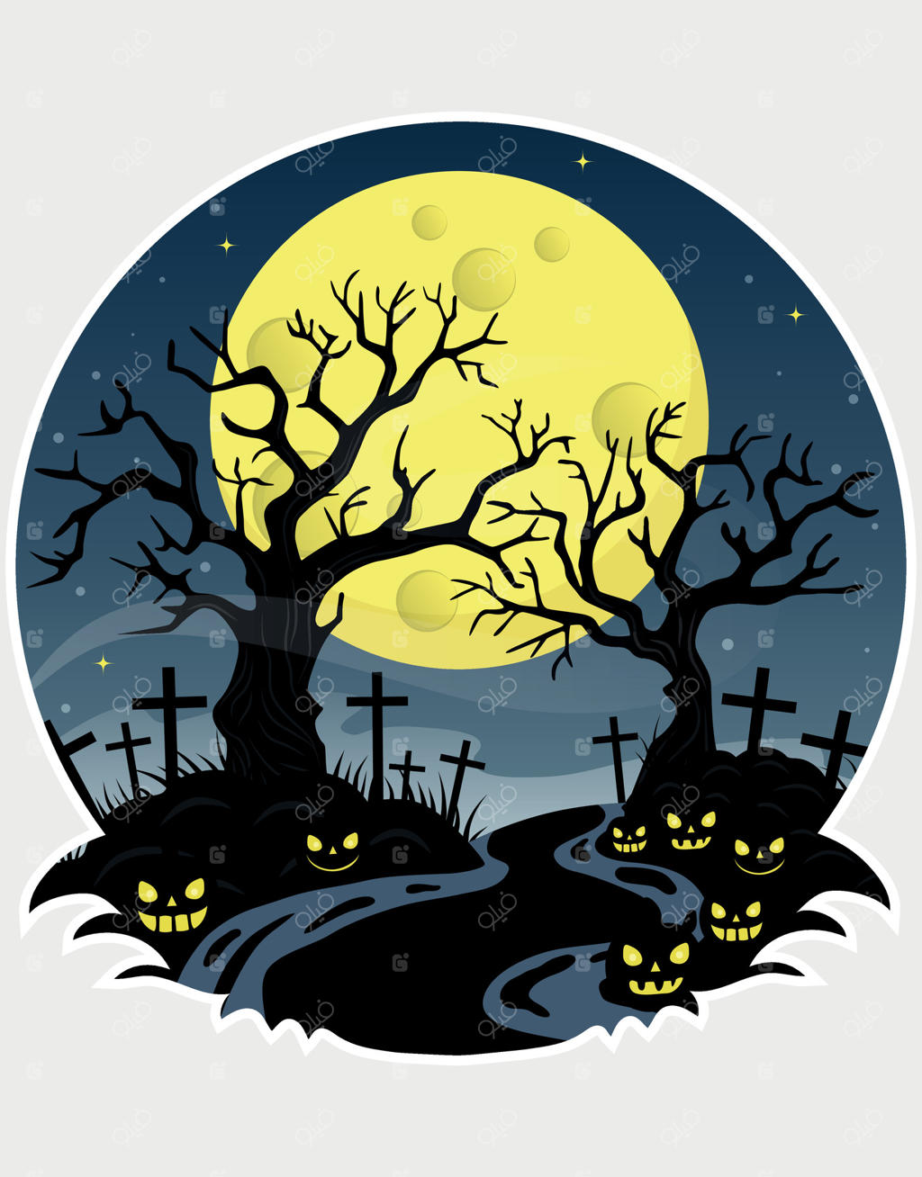 گورستان تسخیرشده با ماه کامل و درختان وحشت‌زا