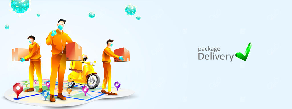 تحویل امن بسته‌ها در دوران همه‌گیری ویروس کرونا با موتور سیکلت. پیک با استفاده از ماسک جراحی یکبار مصرف برای محافظت در برابر کووید-۱۹. مفاهیم خدمات تحویل آنلاین و پیگیری سفارشات آنلاین