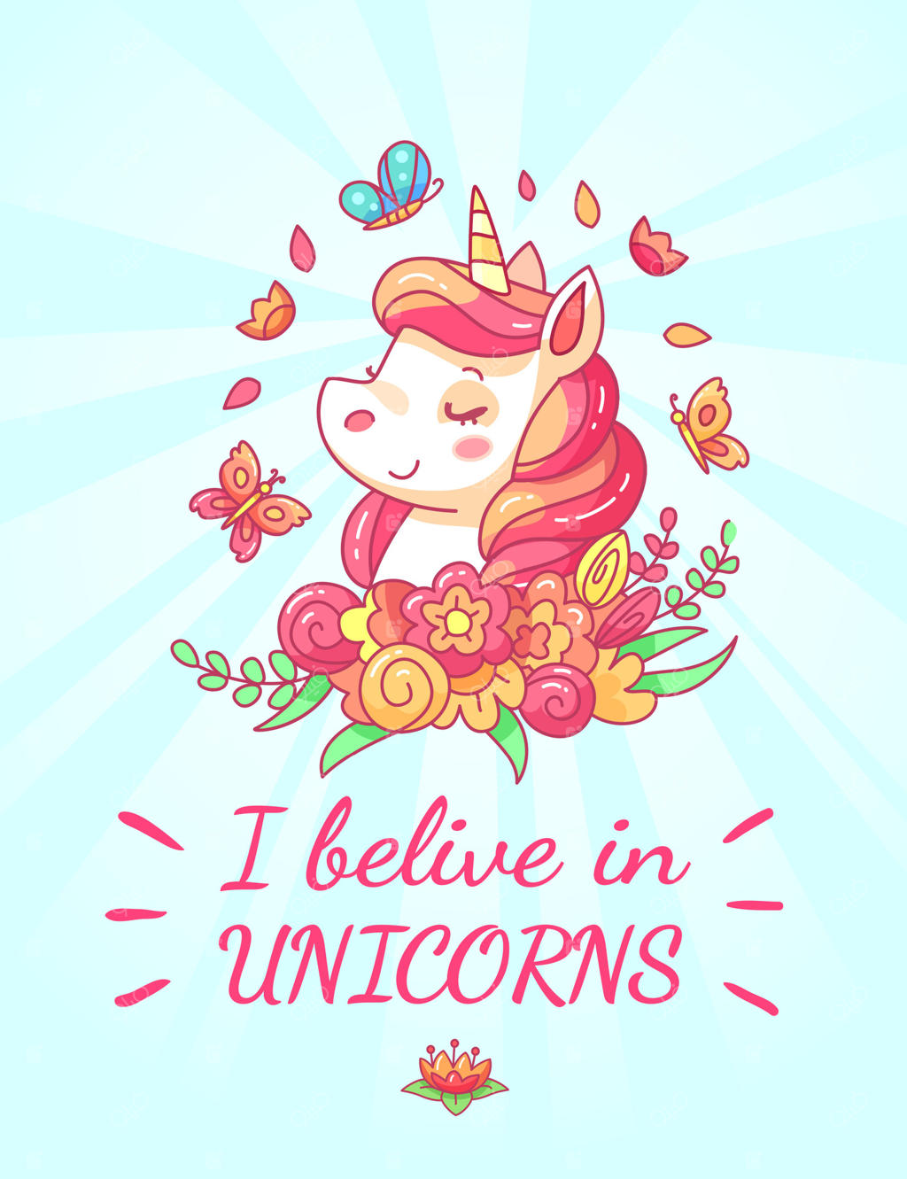 این اثر هنری یک اسب تک‌شاخ شاد را نشان می‌دهد که با گل‌ها و پروانه‌های زنده احاطه شده و حس شادی و ایمان به جادو را منتقل می‌کند. پس‌زمینه آبی پاستلی این فضای بازیگوشانه را تقویت می‌کند.