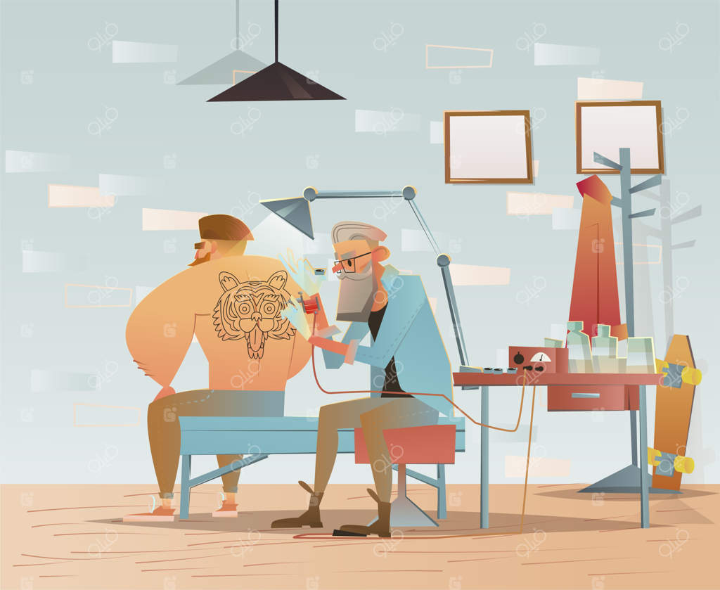 تصویر شخصیت هیپستر با تتو در سالن آرایشگاه