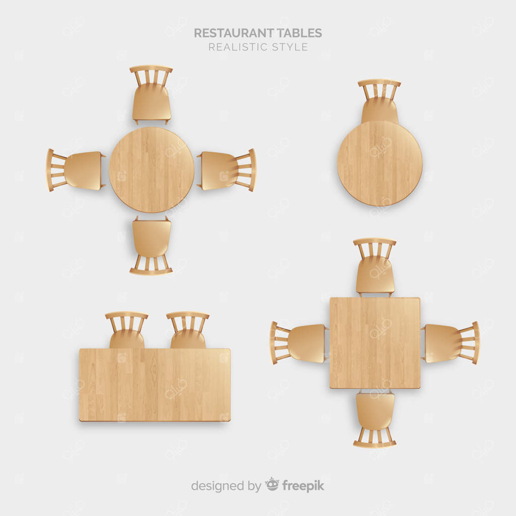 نمای بالا از میزهای خالی رستوران با طراحی واقع‌گرایانه