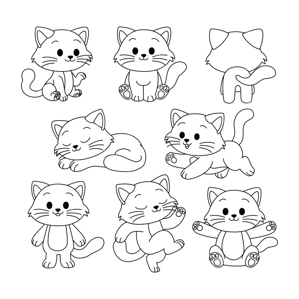 مجموعه طرح‌های گربه، صفحه رنگ‌آمیزی یا کتاب حیوانات برای مهدکودک، مجموعه‌ای از هنر خطی حیوانات حیات وحش، طراحی دستی، طرح‌های مینیمال گربه در حالت‌های مختلف.