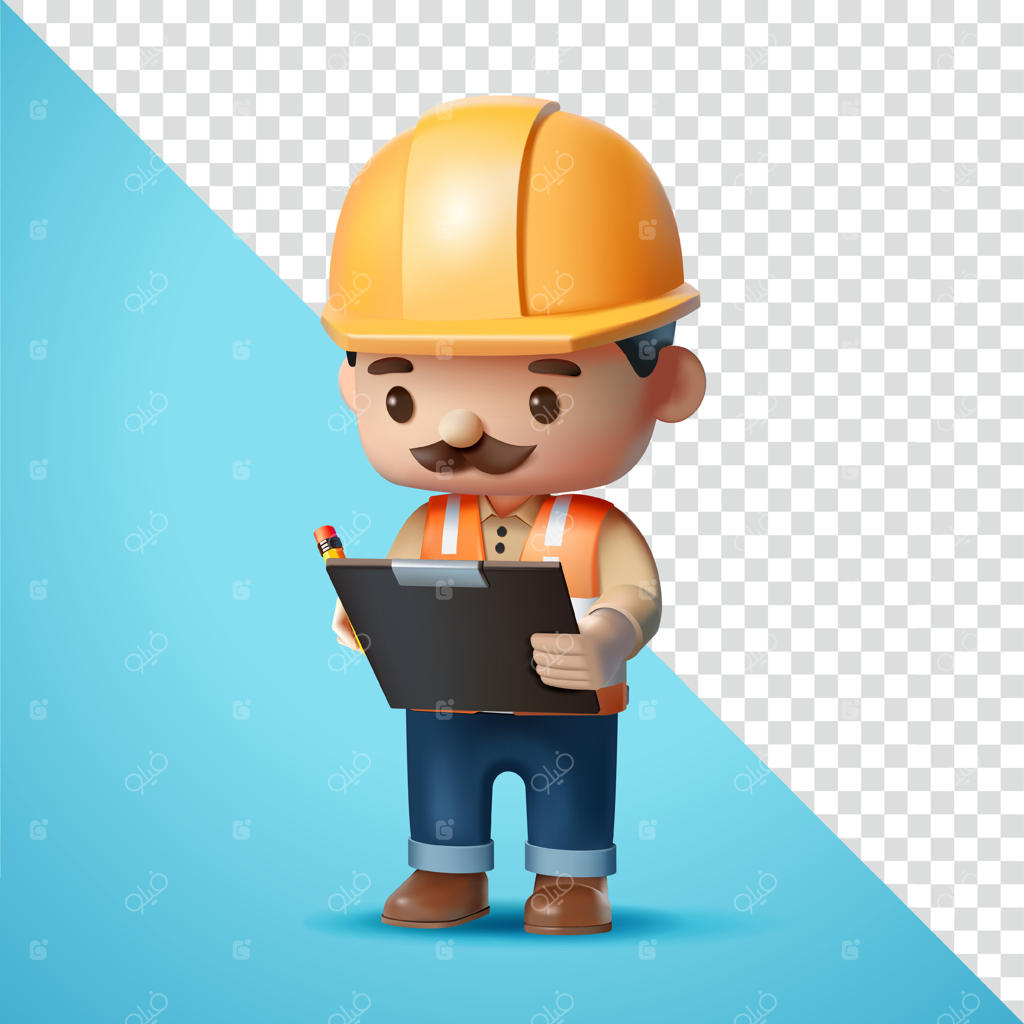 کارگر ساختمانی در حال نوشتن روی تخته نگار، سه‌بعدی. مناسب برای تجارت، ساخت و ساز و طراحی المان‌ها