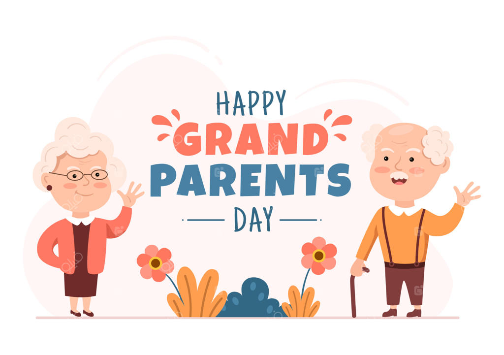 تصویرسازی کارتونی بامزه تبریک روز پدربزرگ و مادربزرگ با طرح زوج سالمند و تزیینات گل، سبک فلت مناسب برای پوستر و کارت تبریک