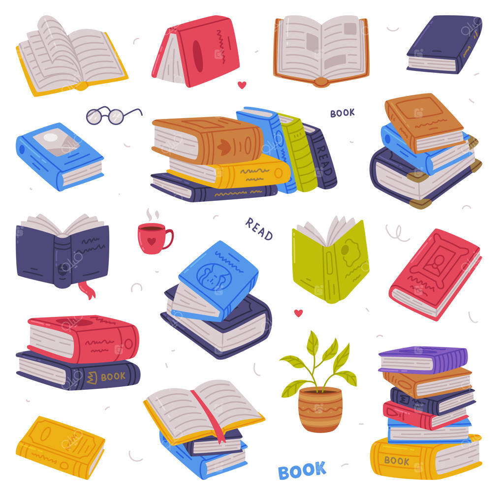 مجموعه‌ای از کتاب‌ها با جلدهای رنگارنگ: مفهوم علاقه‌مندی به علم و آموزش، تصویرسازی کارتونی وکتور
