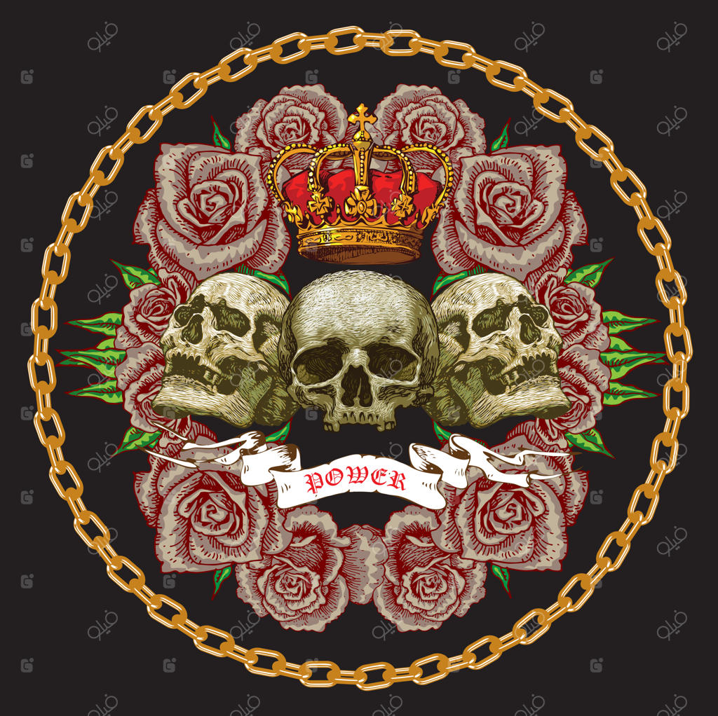 نشان جمجمه‌ها و گل‌های رز در تصویر نشان سلطنتی به سبک تاتو هنری