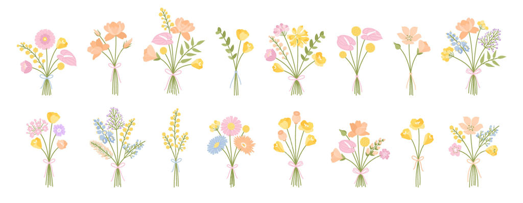 مجموعه گل‌آرایی‌های ظریف تابستانی: دسته‌های گل وحشی با روبان بسته شده، تصویرسازی از گیاهان مراتع و گیاهان وحشی برای پروژه‌های طراحی.