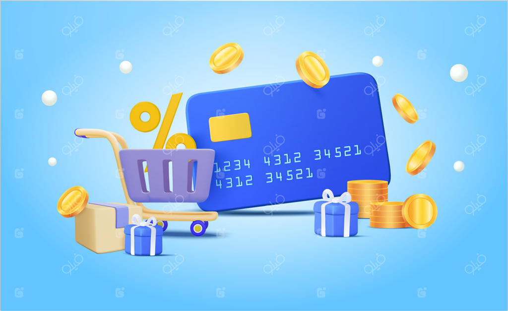 خرید با استفاده از کارت اعتباری: سبد خرید، جعبه هدیه، سکه و نماد درصد شناور در وکتور سه‌بعدی